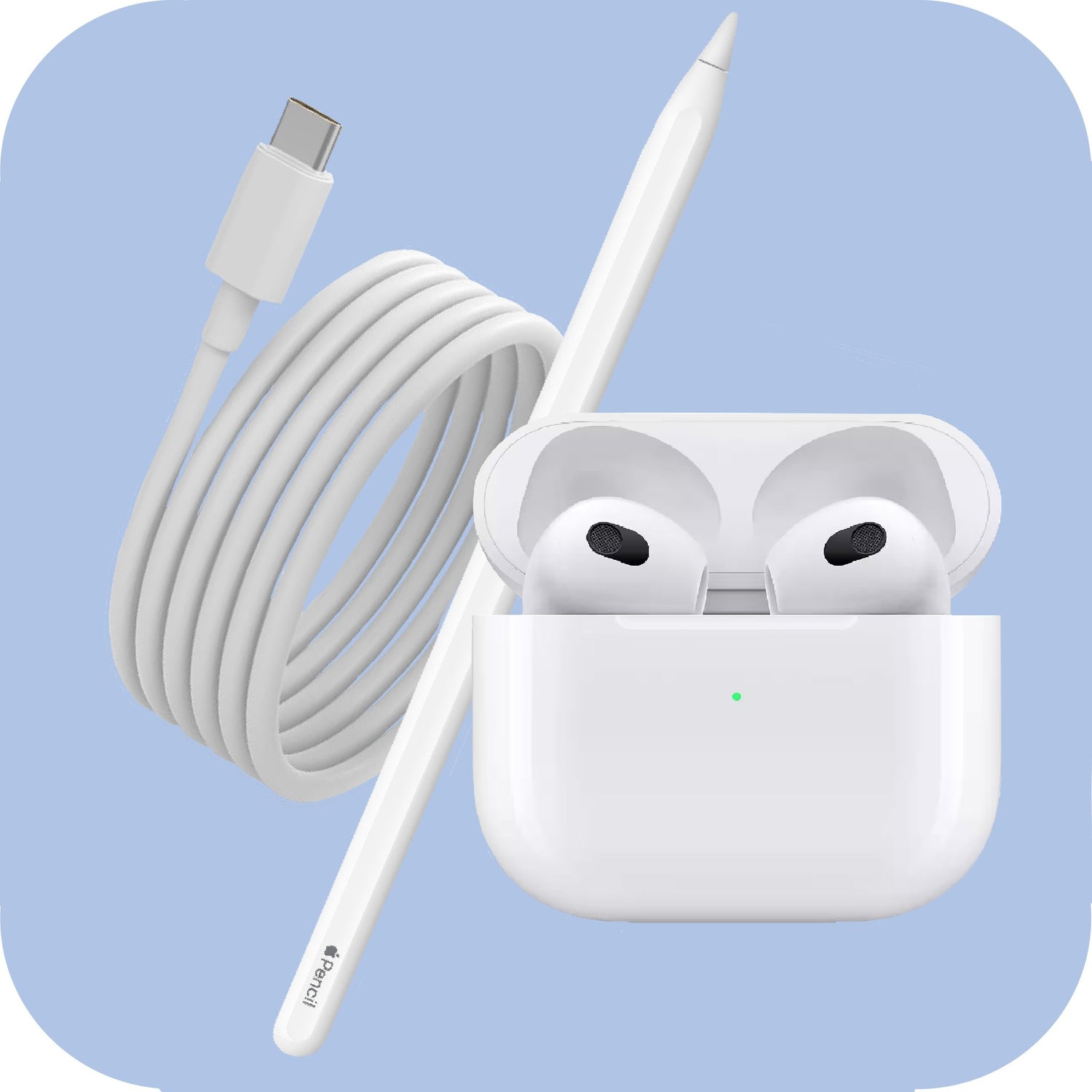 Foto, das Apple AirPods, einen Apple Pencil und ein Apple Ladekabel zeigt.