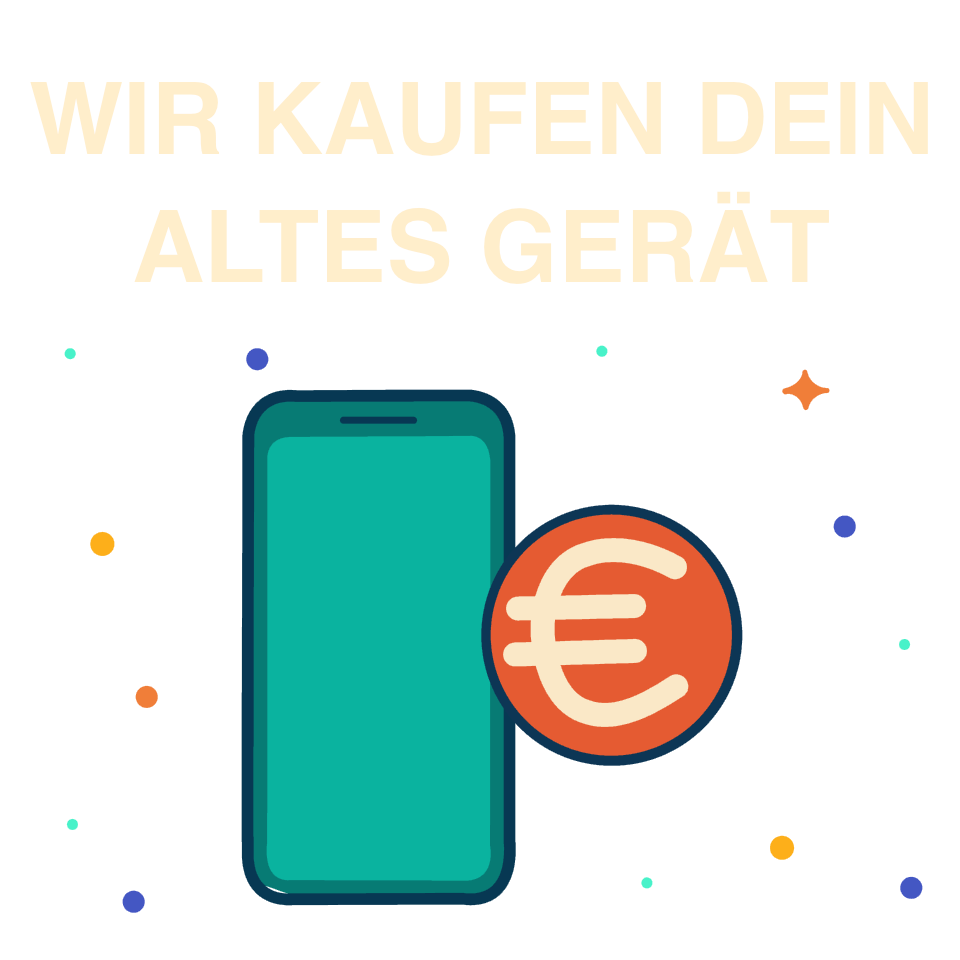 Bunte Grafik, die ein iPhone zeigt. Textinhalt: Wir kaufen dein altes Gerät.