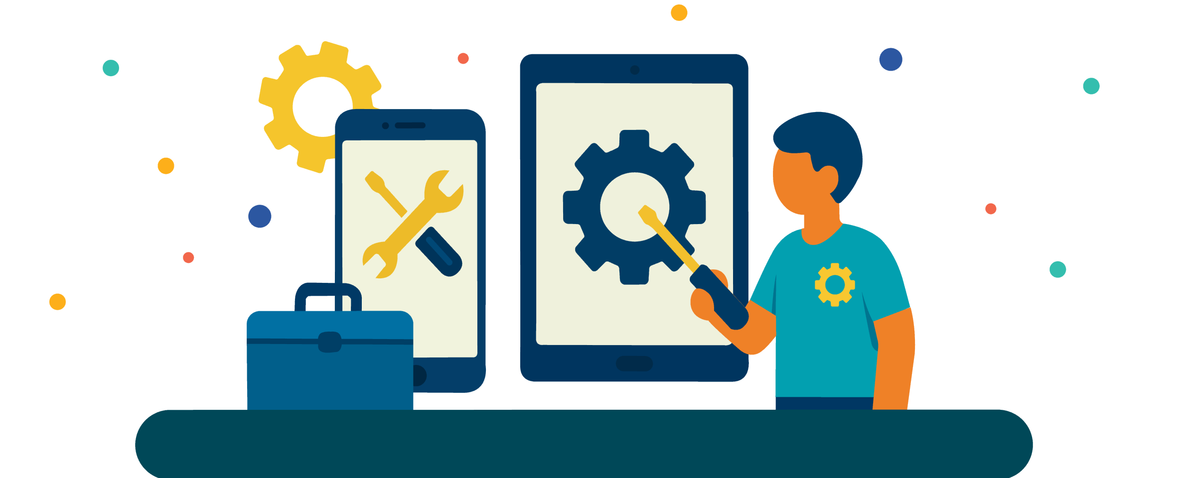 Bunte Grafik, die eine Person mit Werkzeug, einem iPad und einem iPhone zeigt. 