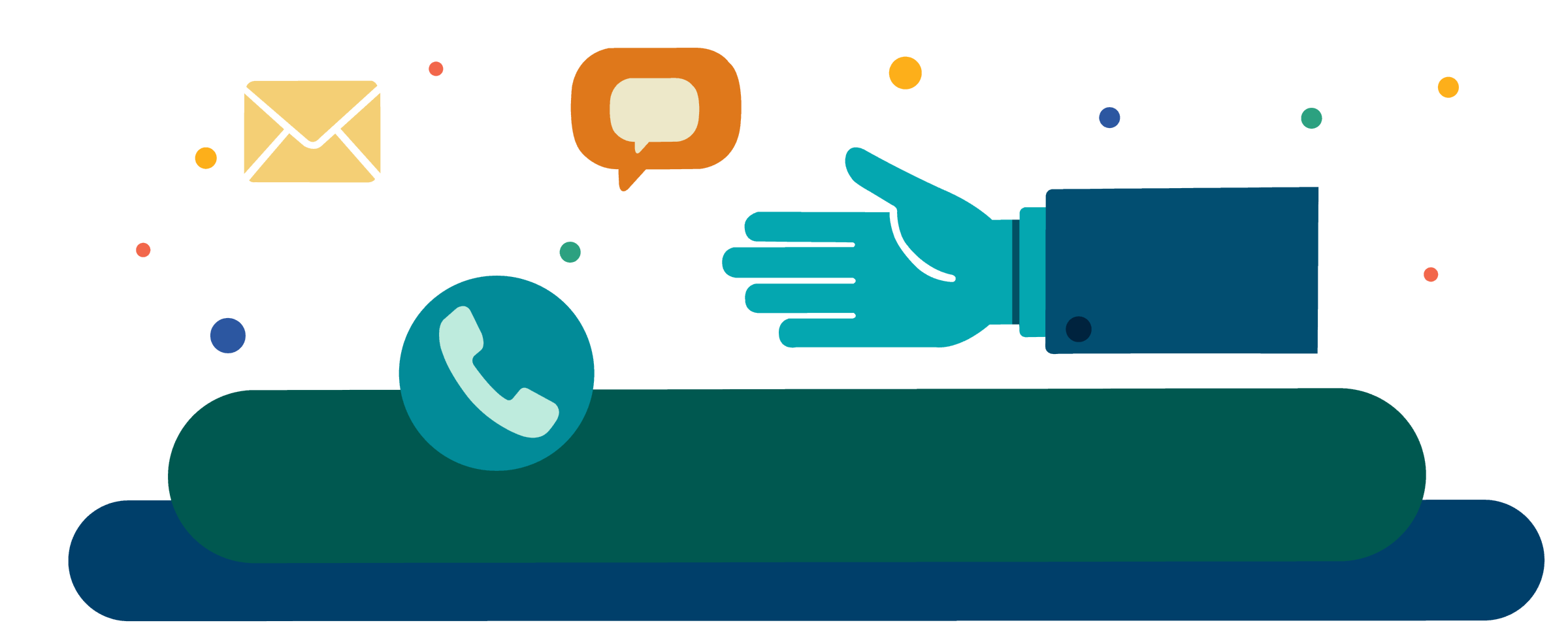 Bunte Grafik, die eine Hand zeigt. Um die Hand sind EMail-, Nachricht- und Anruf-Symbole verteilt.