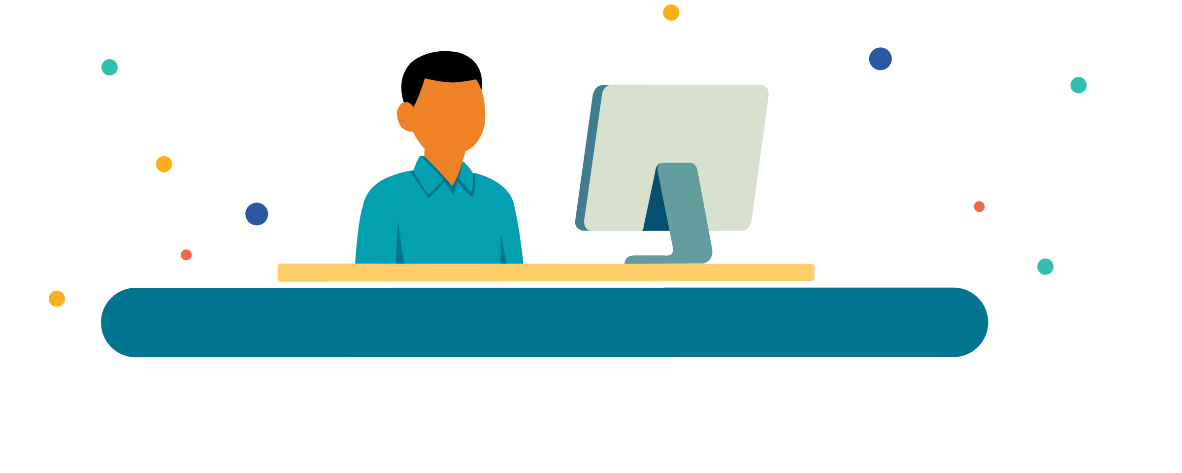 Bunte Grafik, die eine Person, die an einer Verkaufstheke sitzt, zeigt.