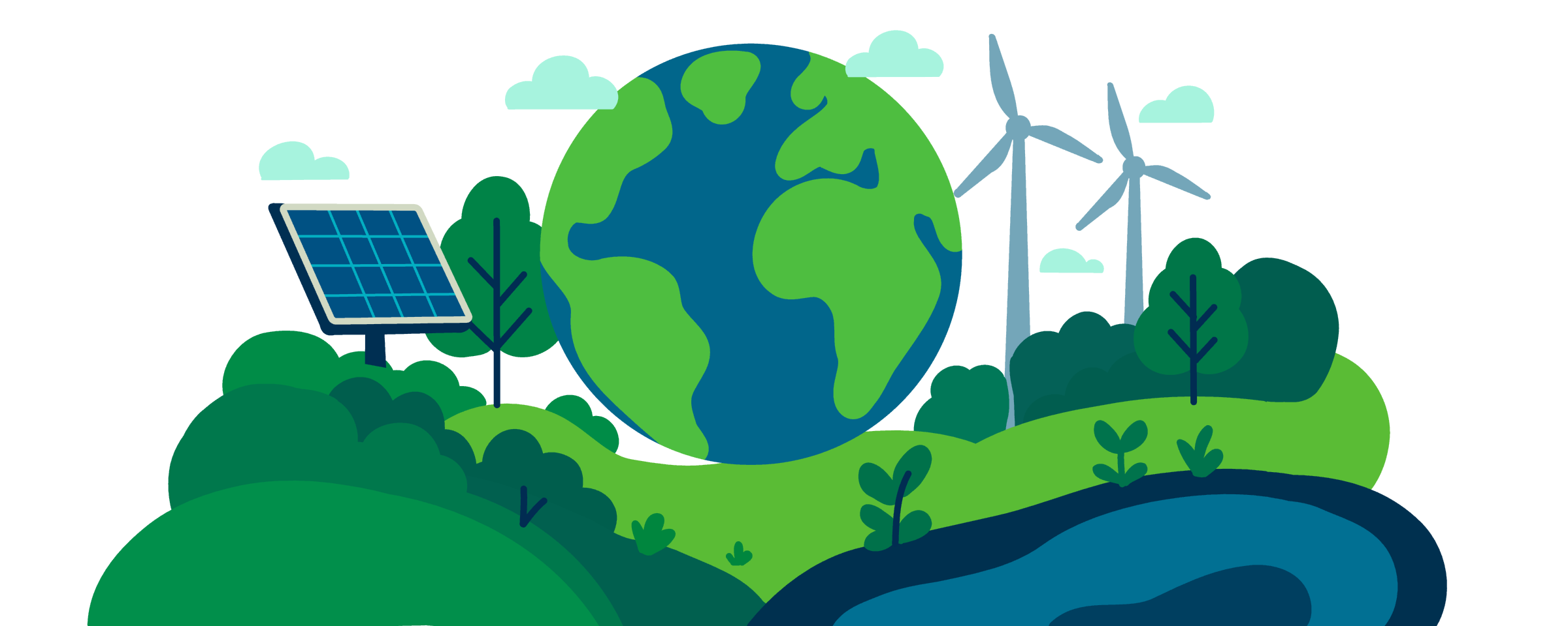 Bunte Grafik, die eine grüne Landschaft mit Solarzellen, Windrädern und einer Weltkugel zeigt.