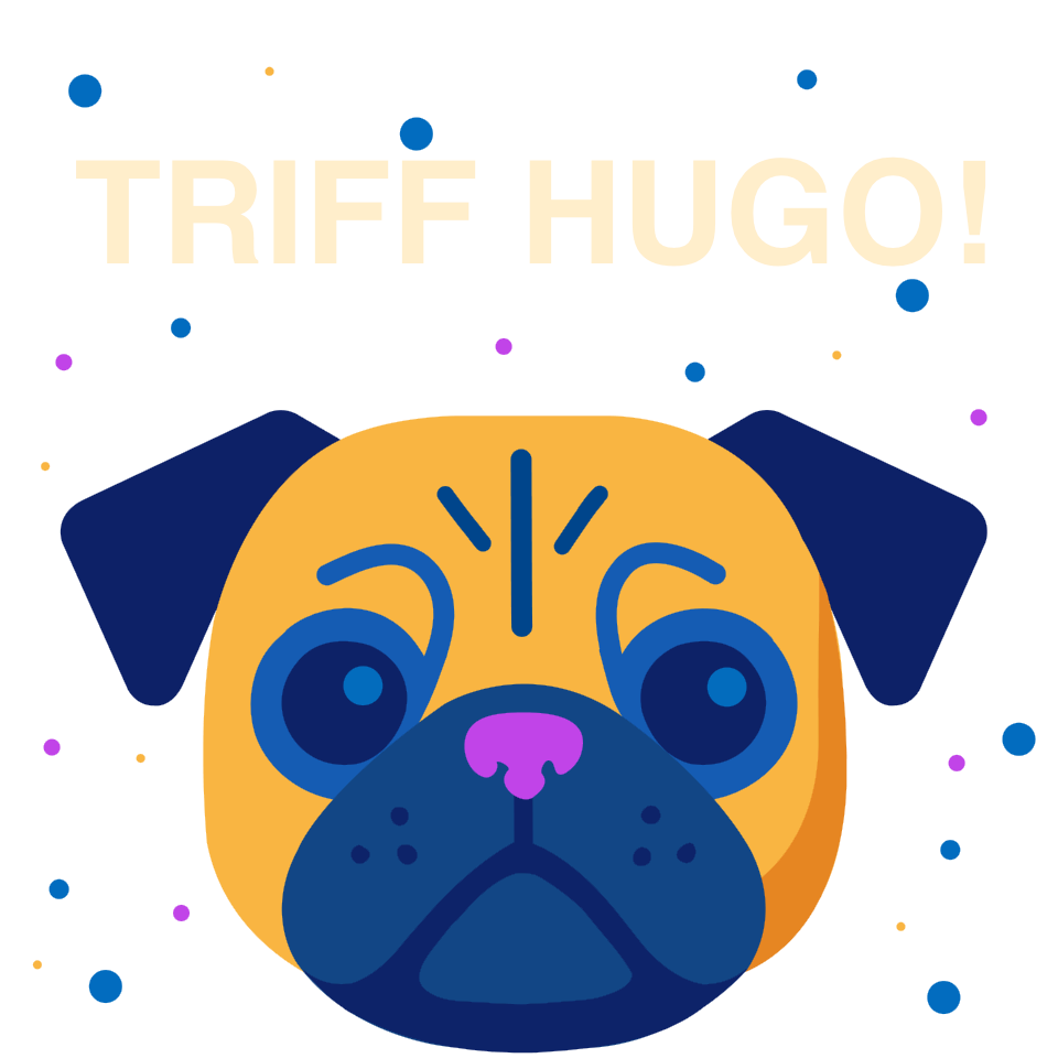 Bunte Grafik, die den Shop-Mops Hugo darstellt. Textinhalt: Triff Hugo!