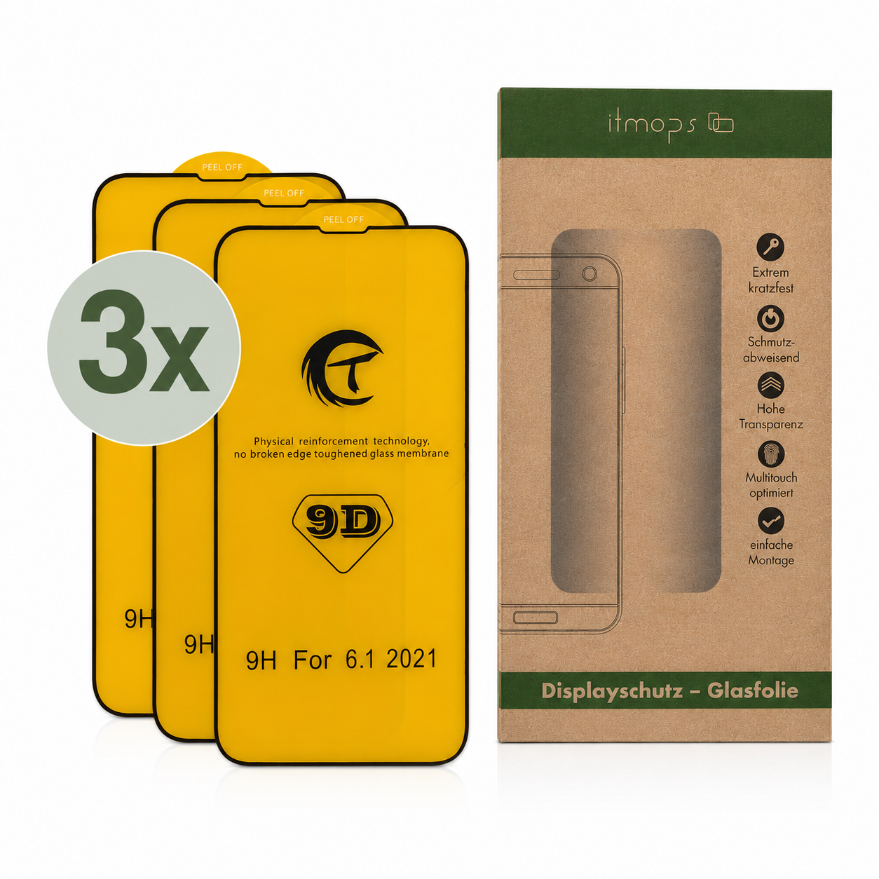 3x Displayschutz Premium-Fullcover für iPhone ohne Montage