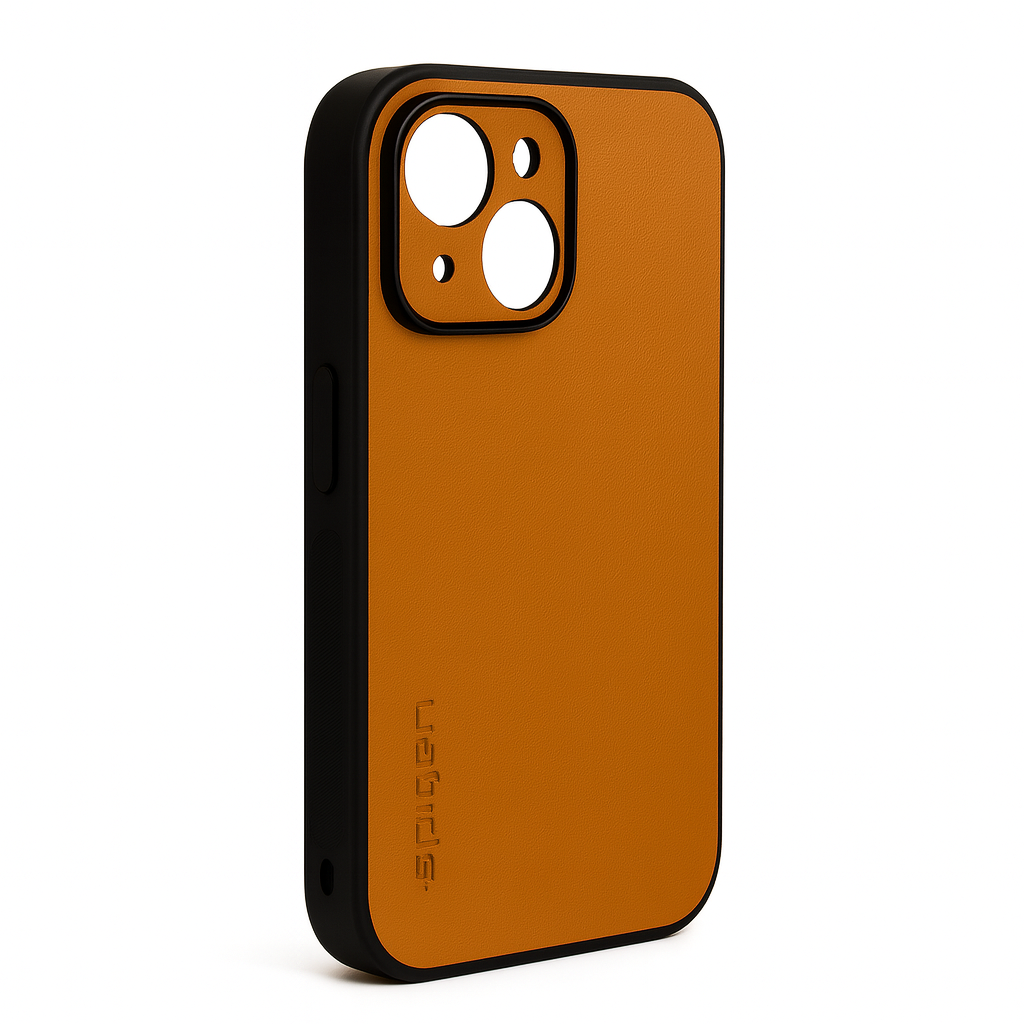 Hellbraune iPhone-Schutzhülle in Leder-Optik und schwarzem Rahmen