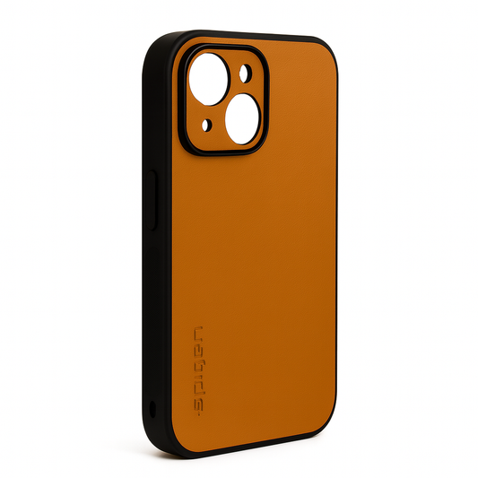 Hellbraune iPhone-Schutzhülle in Leder-Optik und schwarzem Rahmen