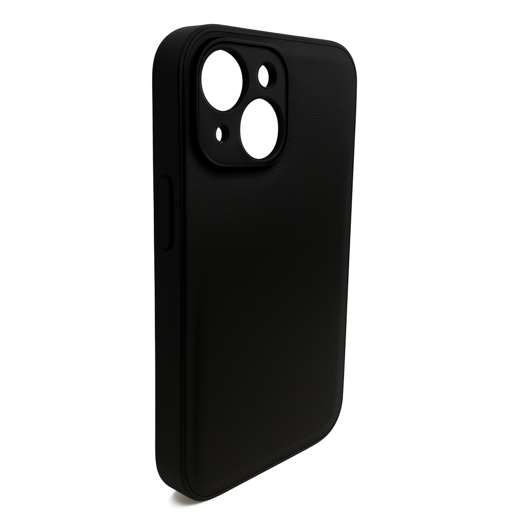 iPhone-Schutzhülle in schwarzer Leder-Optik mit dem Schriftzug Design unten links