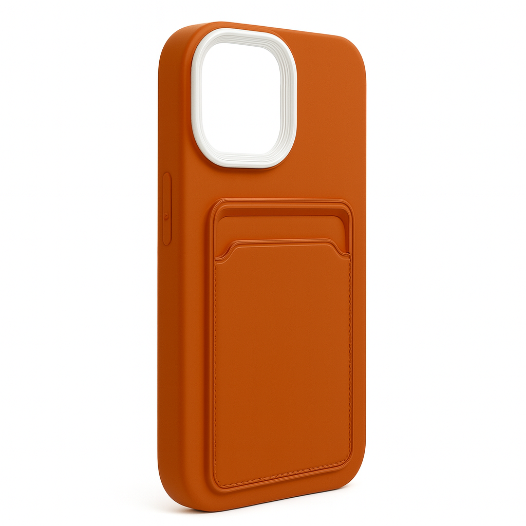 iPhone-Schutzhülle mit Kartenfach und verstärktem Innenraum in der Farbe terracotta. 