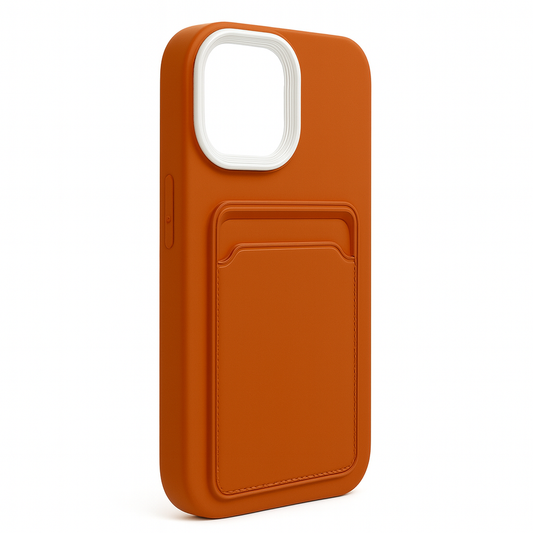 iPhone-Schutzhülle mit Kartenfach und verstärktem Innenraum in der Farbe terracotta. 