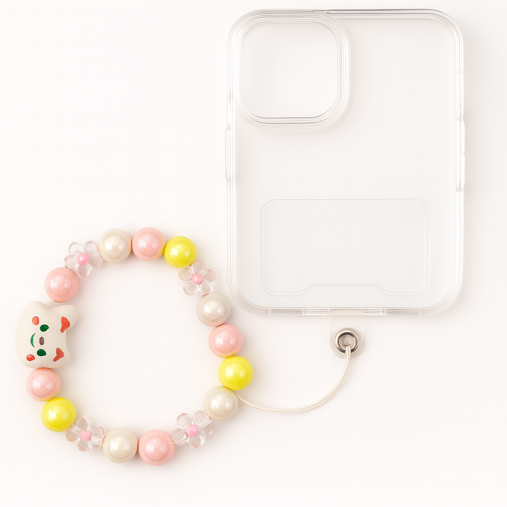 Bunte Perlenkette zur Befestigung an Handy-Schutzhüllen.