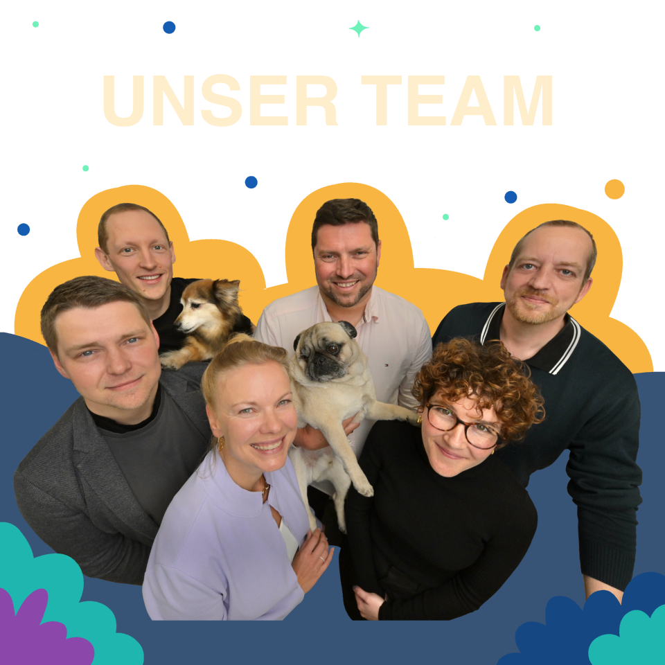 Foto, das 6 Personen und 2 Hunde zeigt. Textinhalt: Unser Team.